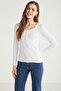 Zazana Women's Corduroy Look Full Wrap-Around Body Deep Round Neck Buttoned White Blouse - 4