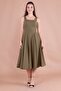 Women's Stretchy Atlas Fabric Thick Strap Square Collar Flared Cut Midi Length Khaki Dress 413 - 5