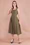 Women's Stretchy Atlas Fabric Thick Strap Square Collar Flared Cut Midi Length Khaki Dress 413