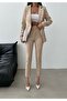 Beige Button Blazer Jacket with Belt Pockets Stretchy Pants Asymmetrical Cut Suit