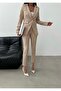 Beige Button Blazer Jacket with Belt Pockets Stretchy Pants Asymmetrical Cut Suit - 2