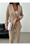 Beige Button Blazer Jacket with Belt Pockets Stretchy Pants Asymmetrical Cut Suit - 4