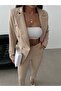 Beige Button Blazer Jacket with Belt Pockets Stretchy Pants Asymmetrical Cut Suit - 3