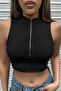 Women's Black Half Zippered Zero Sleeve Crop Top Blouse - 5