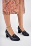 Genuine Leather Navy Blue Women's Heeled Leather Shoes Shn-0955 - 6
