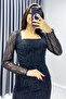 Women's Square Collar Glitter Long Sleeve Midi Evening Dress, Green, Black, Navy Blue, Indigo - 3