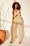 Bej %100 Keten Beli Lastikli Yüksek Bel Wide Leg Pantolon TWOSS24JE00249 - 3
