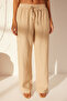Bej %100 Keten Beli Lastikli Yüksek Bel Wide Leg Pantolon TWOSS24JE00249 - 4
