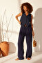 Lacivert %100 Keten Beli Lastikli Yüksek Bel Wide Leg Pantolon TWOSS24JE00249