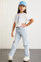 BITTEN Girl's 100% Cotton Printed Contrast Color Collar Short Sleeve Blue T-Shirt - 4