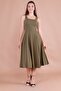 Women's Stretchy Atlas Fabric Thick Strap Square Collar Flared Cut Midi Length Khaki Dress 413 - 7