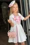 Girl's Chest Flower Embroidered and Stripe Detailed Pleated White Dress - 3