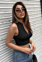 Women's Black Half Zippered Zero Sleeve Crop Top Blouse