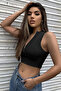 Women's Black Half Zippered Zero Sleeve Crop Top Blouse - 3