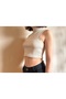 Beige stand collar sleeveless crop Corded sleeveless crop stand collar bodysuit - 2