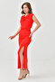 Flexible Buzzy Fabric Slit Detailed Degaje Collar Sleeveless Maxi Length Red Evening Dress 1051 - 6