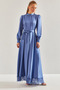 Women's Blue Modest Skirt with Lace Hem, Stoned Collar and Sleeves, Satin Hijab Dress 60191005