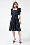 Women's Design Crepe Fabric Square Neck Short Sleeve Midi Length Black Polka Dot Pattern Dress 080 - 6