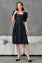 Women's Design Crepe Fabric Square Neck Short Sleeve Midi Length Black Polka Dot Patterned Evening Dress 080 - 7