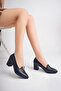 Genuine Leather Navy Blue Women's Heeled Leather Shoes Shn-0955 - 3