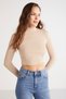 Sabrına Women's Ribbed Look Ribbed Detailed Crop Beige Blouse - 4