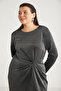 Andıebb Women's Glitter Fabric Drape Detailed Crew Neck Long Sleeve Gray Plus Size Dress - 2