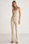 Jolly Women's Knitted Crepe Interlock Full Fitting Elastic High Waisted Flare Long Beige Pants - 3