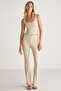 Jolly Women's Knitted Crepe Interlock Full Fitting Elastic High Waisted Flare Long Beige Pants - 2