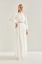 Women's White Modest Lined Belted Stone-Embellished Hijab Dress 60191008 - 5