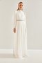 Women's White Modest Lined Belted Stone-Embellished Hijab Dress 60191008 - 2
