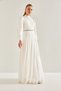 Women's White Modest Lined Belted Stone-Embellished Hijab Dress 60191008 - 7
