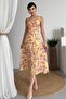 Women's Floral Patterned Atlas Fabric Drape Design Slit Detail Strap Midi Dress 241