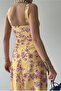 Women's Floral Patterned Atlas Fabric Drape Design Slit Detail Strap Midi Dress 241 - 3