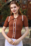 Polo Collar Half Short Sleeve Ribbed Buttoned Striped Casual Summer Knitwear Blouse - 5