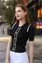 Polo Collar Half Short Sleeve Ribbed Buttoned Striped Casual Summer Knitwear Blouse - 3