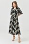 Women's Stretchy Viscose Fabric Daisy Printed Belt Detailed Side Slit Midi Length Dress 098 - 7