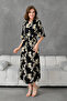 Stretchy Fabric Daisy Patterned Belt Detailed Side Slit Midi Length Summer Viscose Dress 098 - 7