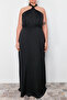 Siyah Halter Yaka Saten Maxi/Uzun Boy Büyük Beden Party/Mezuniyet/Abiye Elbise TBBSS24AH00150 - 4