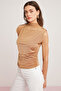 Modest Margot Women's Light Flowy Drape Detail Stand Collar Zero Sleeve Beige Blouse - 4
