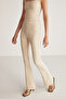 Jolly Women's Knitted Crepe Interlock Full Fitting Elastic High Waisted Flare Long Beige Pants