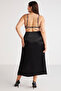 Jena Women's Bubble Satin Look Drape Detailed Slit Midi Black Large Size Skirt - 7