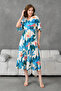 Women's Printed Double Breasted Collar Elastic Waist Bat Sleeve Midi Length Summer Dress 096 - 8