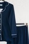 Women's 100% Organic Cotton Natural Shirt Collar Buttoned Long Sleeve Piping Pajama Set - 2