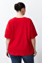 Kırmızı Slogan Baskılı Oversize %100 Pamuk Örme Büyük Beden T-shirt TBBSS24BF00018 - 6