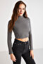 Sabrına Women's Ribbed Look Crop Gray Blouse - 5