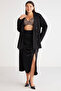 Jena Women's Bubble Satin Look Drape Detailed Slit Midi Black Large Size Skirt - 2