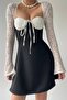 Black Atlas Fabric Tie-Up Degaje Collar Back Low-Cut Sleeves Lace Design Mini Dress 238 - 4