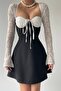 Black Atlas Fabric Tie-Up Degaje Collar Back Low-Cut Sleeves Lace Design Mini Dress 238