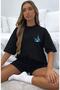 Women's Black Shorts Set Blue Butterfly Printed - 2