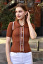 Polo Collar Half Short Sleeve Ribbed Buttoned Striped Casual Summer Knitwear Blouse - 3